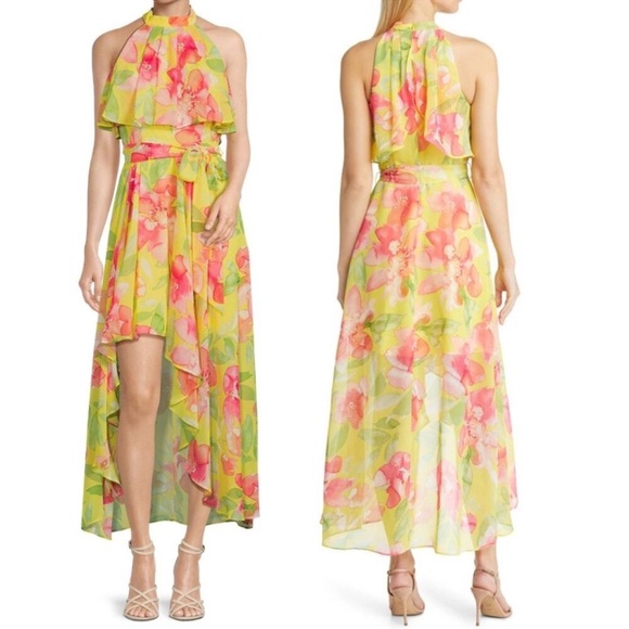 Eliza J Womens Watercolor Floral Hi Lo Hem Dress Sz 4 Yellow & Pink Halter - Picture 3 of 11